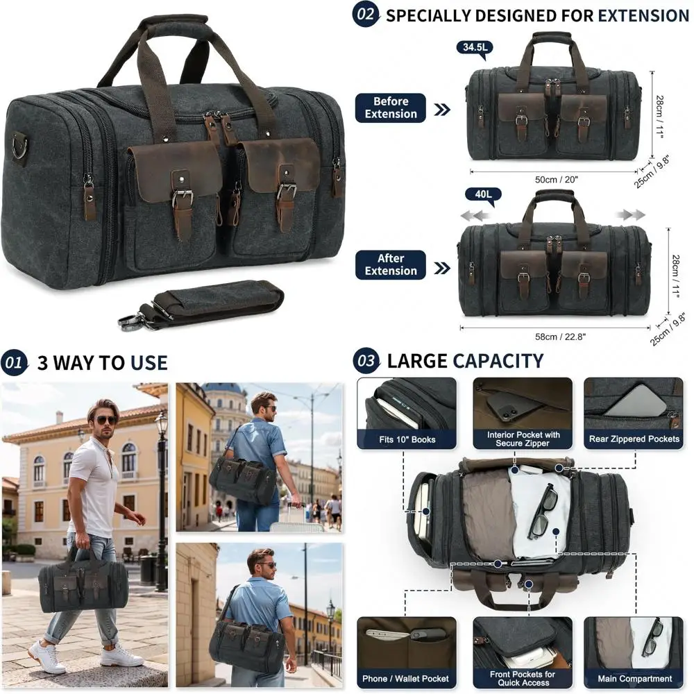 

Расширяемая спортивная сумка Weekender с кожаными акцентами, дорожная сумка 20-23 дюйма, несколько карманов, черная