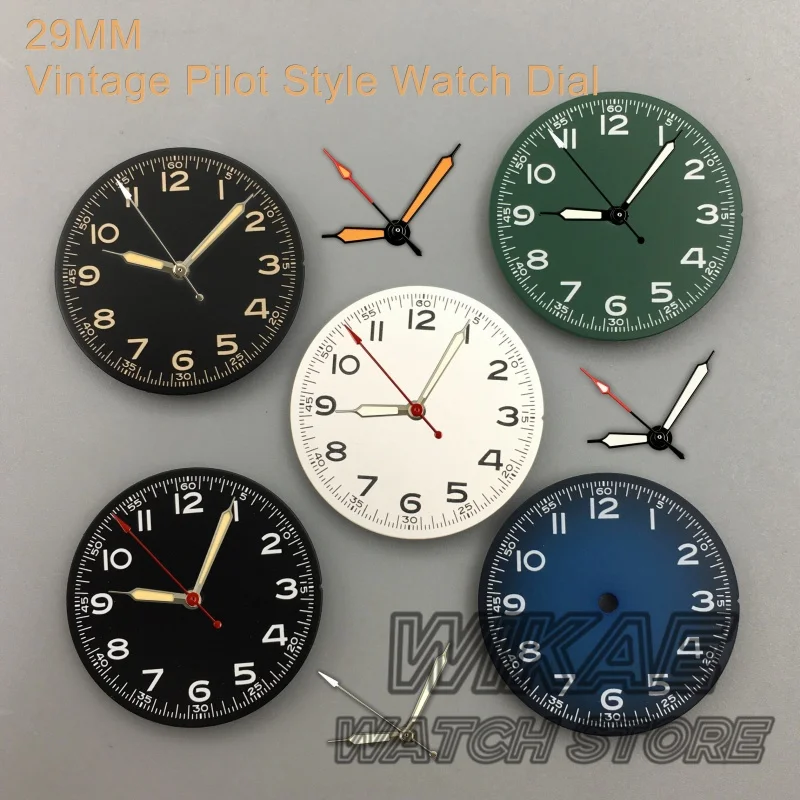 29mm Vintage Pilot Watch Dial + Hands Set Luminous Arabic Numerals Aviator Watch Dial Fit VH31 NH35 NH36 2813 8215 2824Movement