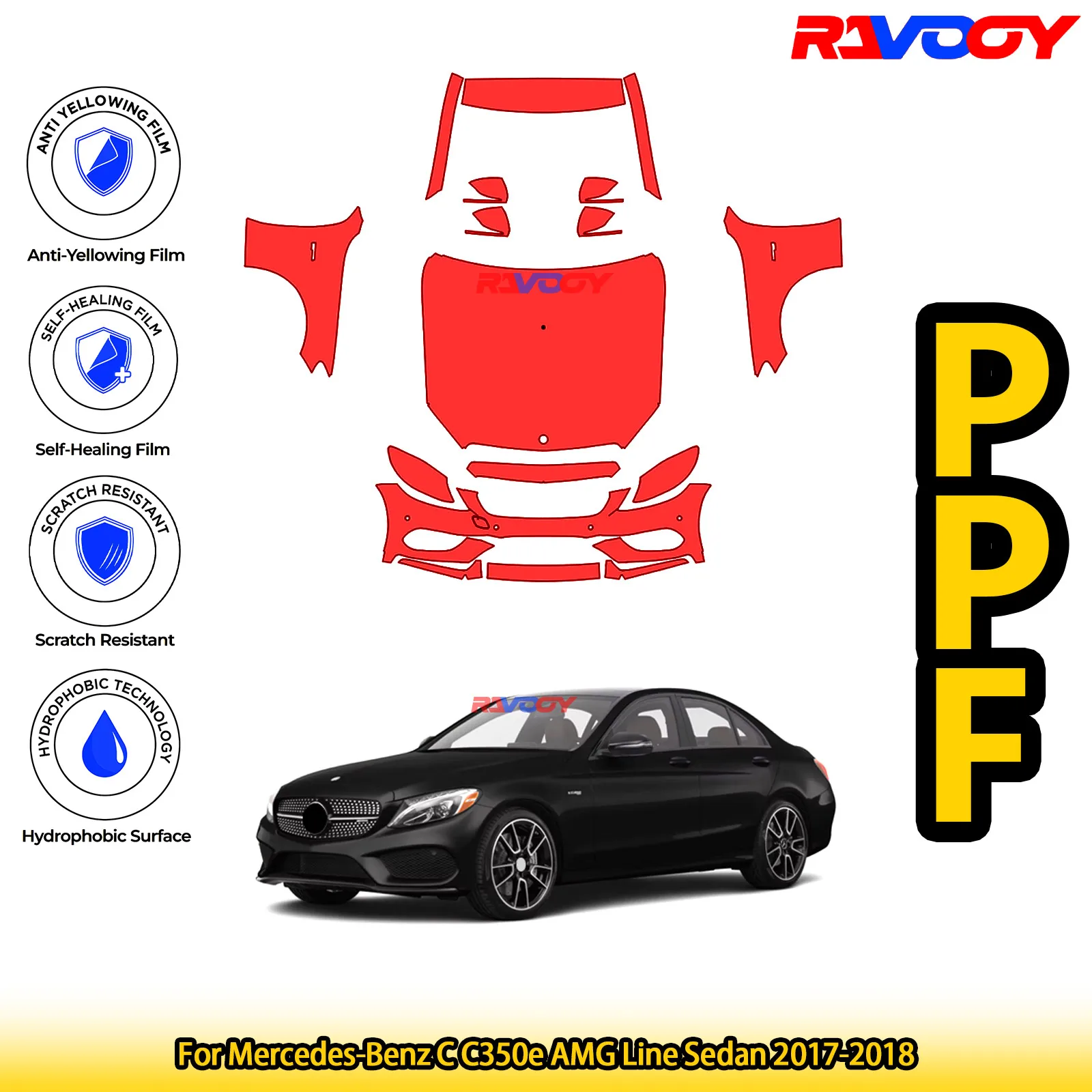 

For Mercedes-Benz C C350e AMG Line Sedan 2017-2018 Glossy Matte Black Precut front PPF Kit Paint Protection Film
