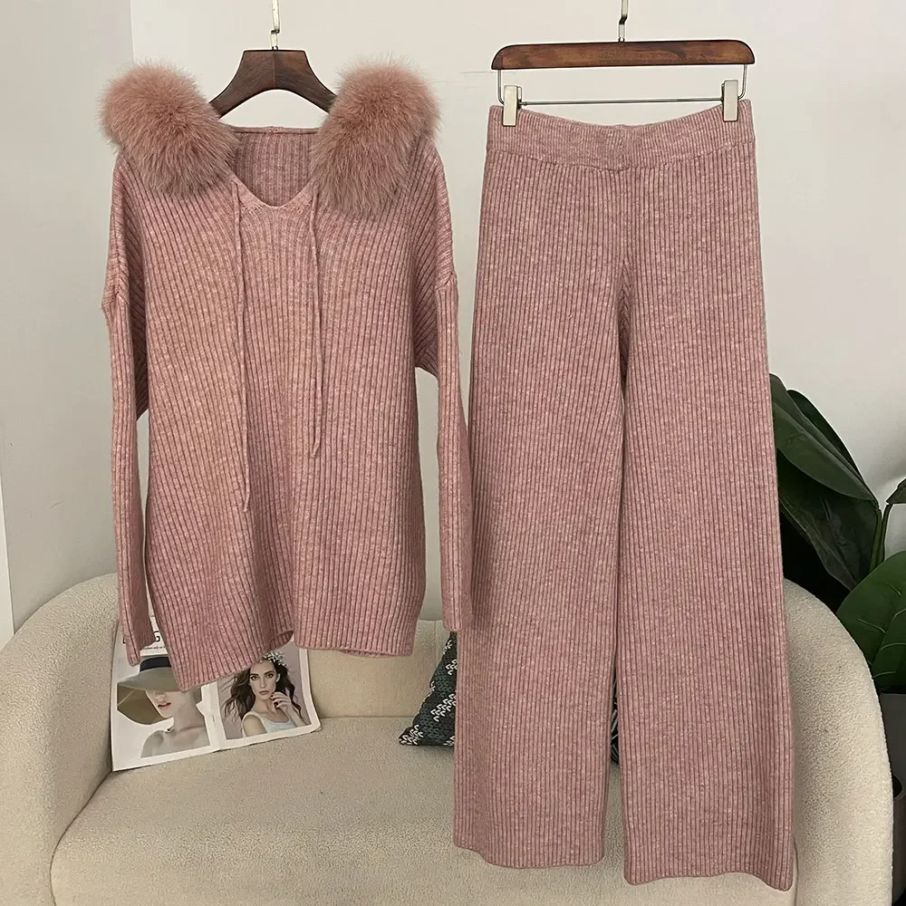 OFTBUY suéter de punto para mujer conjunto de punto primavera otoño suéter de piel de zorro Real moda puños de piel Natural pantalones largos traje de punto
