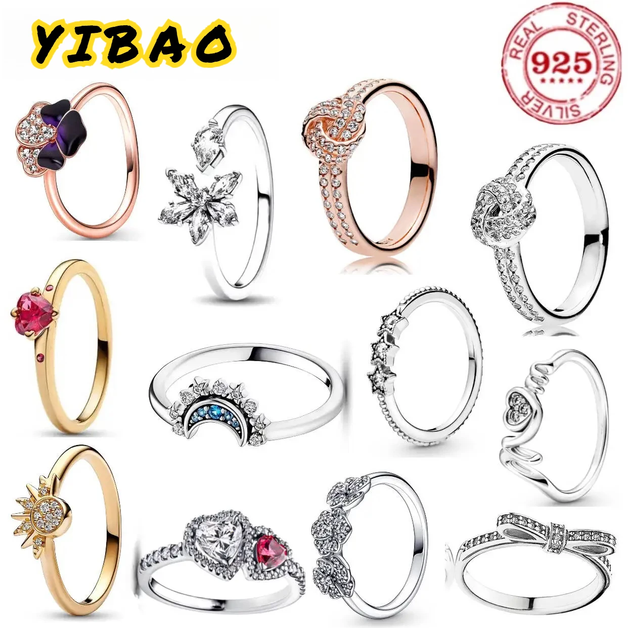 

100% 925 Pure Silver Stackable Infinity Shining Heart Bow Star Moon Zircon Ring for Women Engagement Anniversary Jewelry Gift
