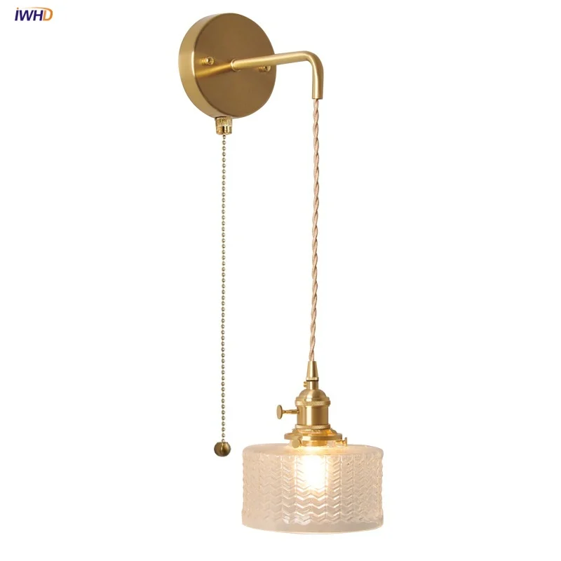 

IWHD Pull Chain Switch LED Wall Lamp Sconce Clear Glass Hallway Cafe Dining Room Brass Nordic Modern Simple Stair Light Fixtures