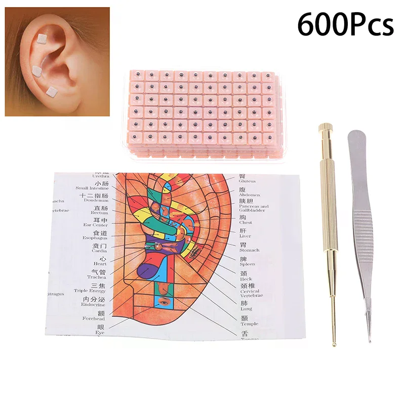 4 In 1 Auricular Ear Seed Press Stick Kit 600Pcs With Tweezer Probe Acupoint Chart Massage Tool