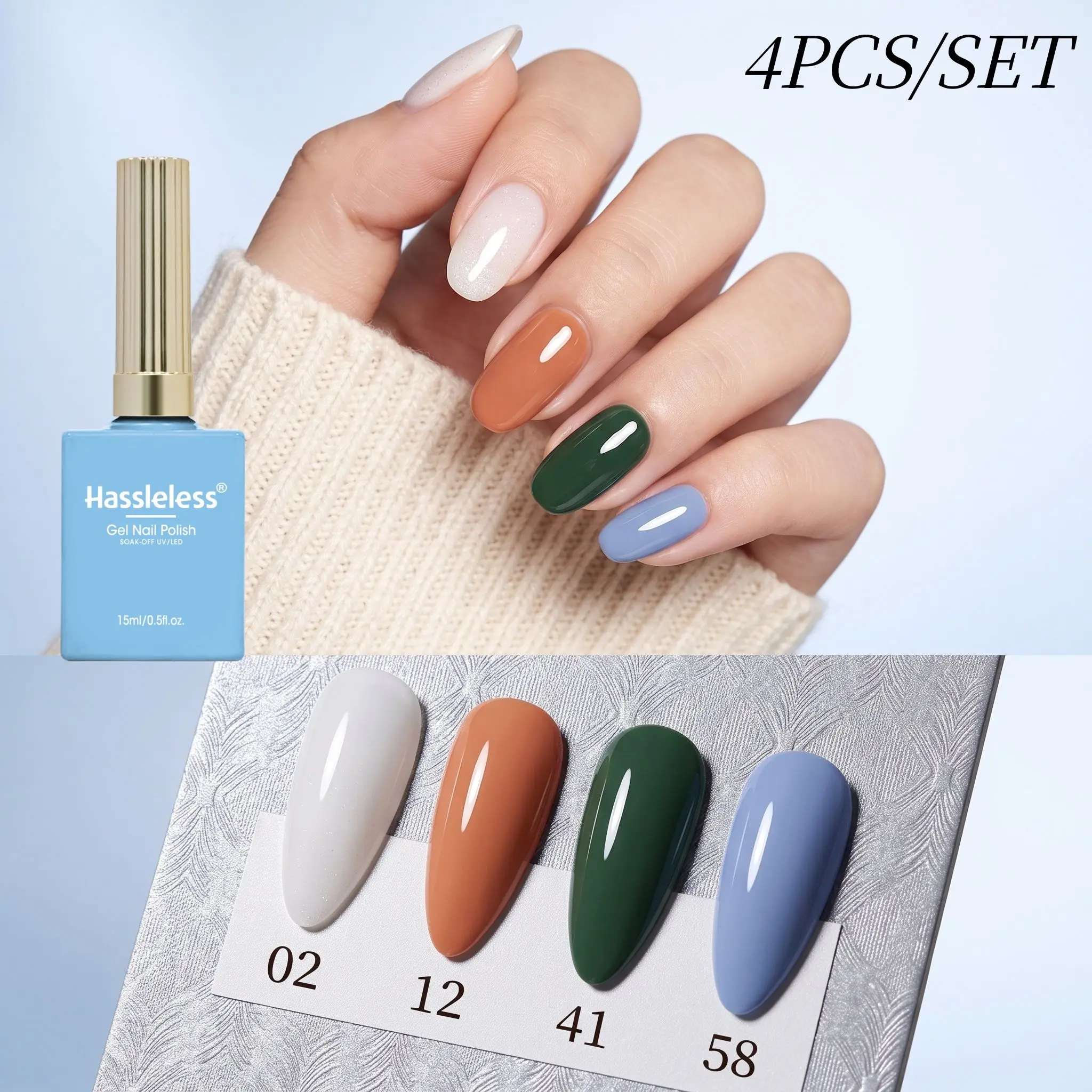 Hassleless 4Pcs Nail Polish Gel Set 15ml Uv Nail Polish Gel White Orange Dark Green Light Blue Solid Color Nail Polish Gel Long-Lasting and Wear-Resistant Nail Art DIY Set