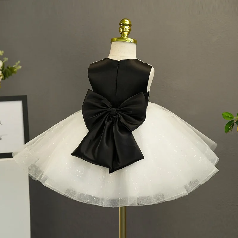 Vestido de Organza escalonado para niña, vestido blanco y negro de flores para fiesta de boda, vestido de princesa de primer cumpleaños para niñas de 1 a 14 años