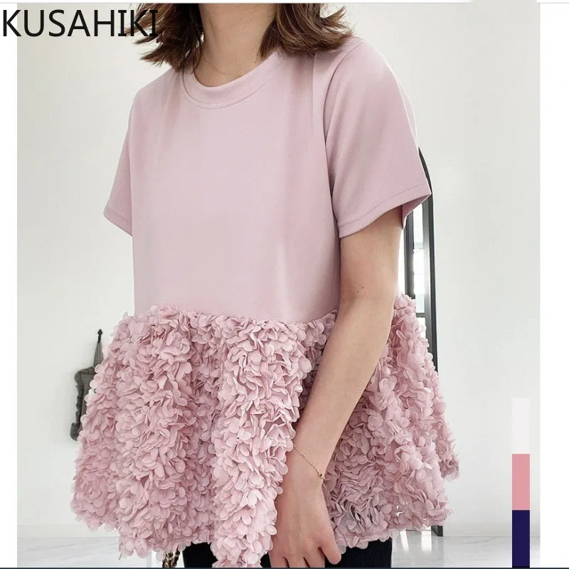 KUSAHIKI 2024 New Short Sleeved Patchwork Petal Women\'s Fashion Sweet Japanese Style Doll Shirt Short Sleeved T-shirt