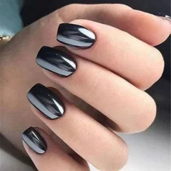 24pcs Short Fake Nails Sets Finished Simple Metallic Black Design Square Tips False Press on Nail Art Datachable with Jelly Glue