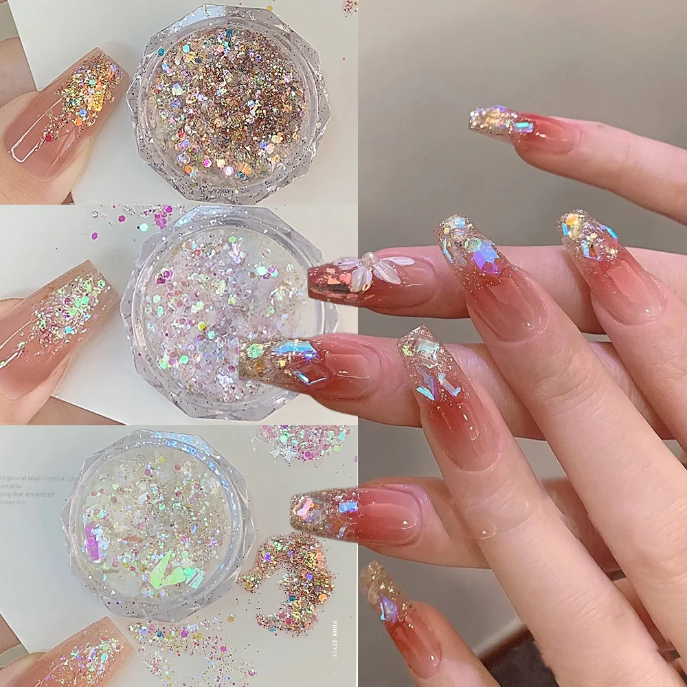 1-4Jar Mermaid Sparkle Nail Flakes Aurora Ultra-thin Nail Glitter Sequins Net-1g Fairy Shiny Iridescent Opal Nail Powders Decor