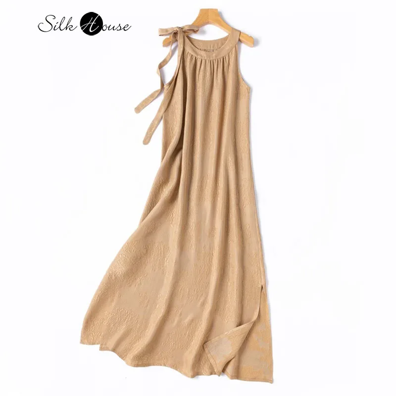 

Skin Friendly Breathable Camel 100% Natural Mulberry Silk GuanLe Crepe Full Hole Round Neck Sleeveless Loose Women's Party Dress