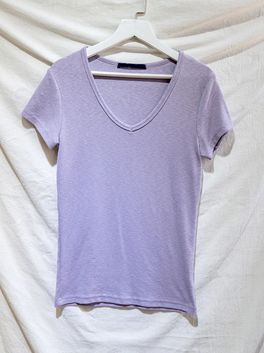 

Light Purple Thin Cotton Slim T-shirt Women Summer New V Neck Short Sleeve T-shirts Casual Simple Sweet Basic Tops Tee Shirts