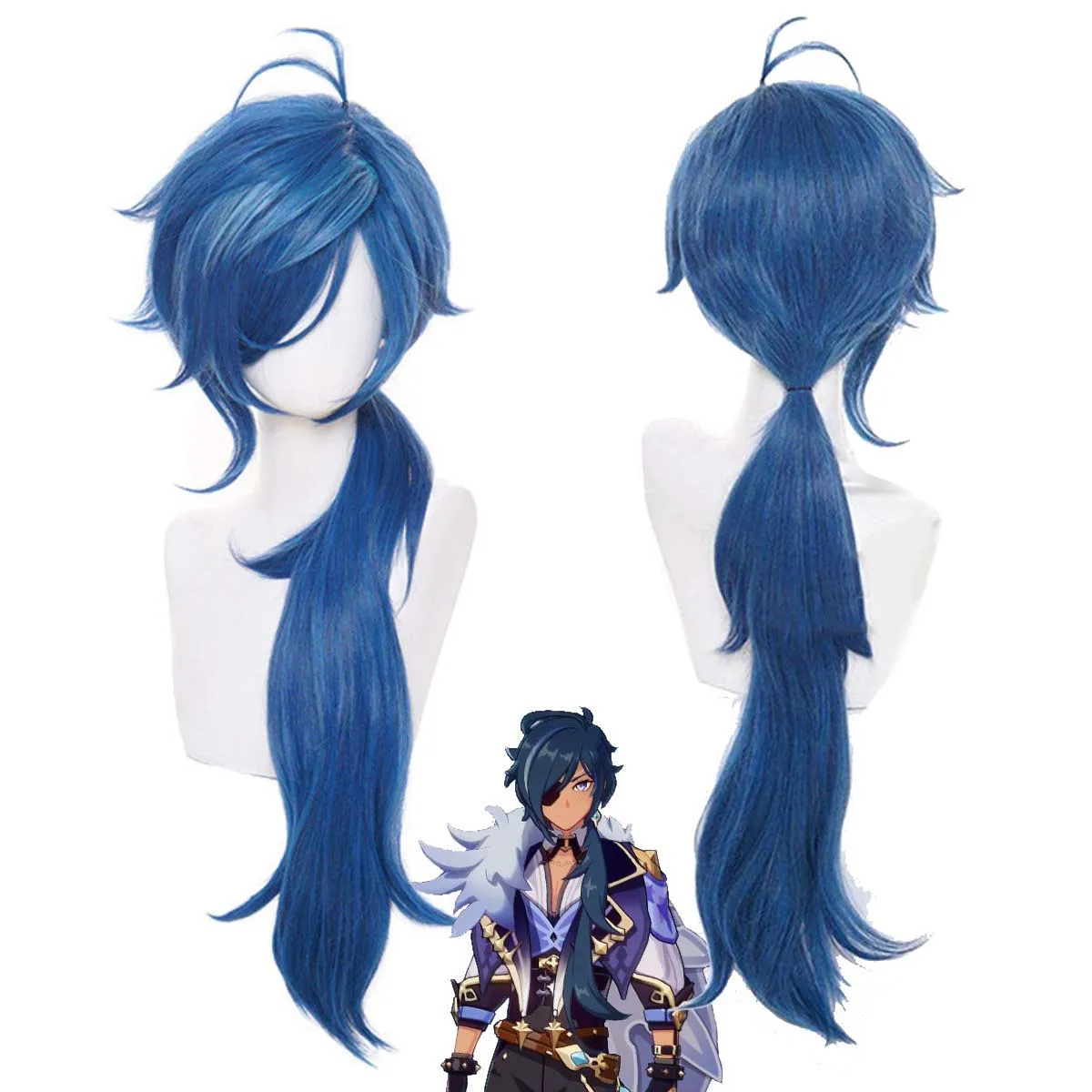 Male Game Genshin Impact Kaeya Blue Long Curly Ponytail Wig