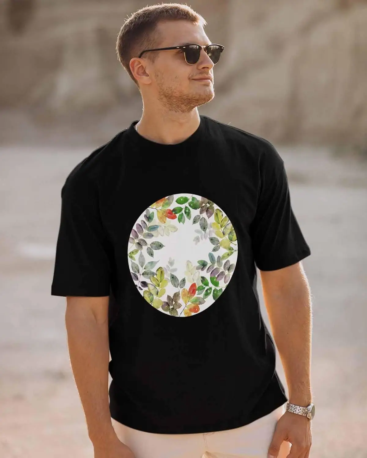 Men's T-Shirt, Novelty Graphic T-Shirt Green Eucalyptus Leaves Circle Cotton Crew Neck Men's Short Sleeve Basic Tshirts Black-L