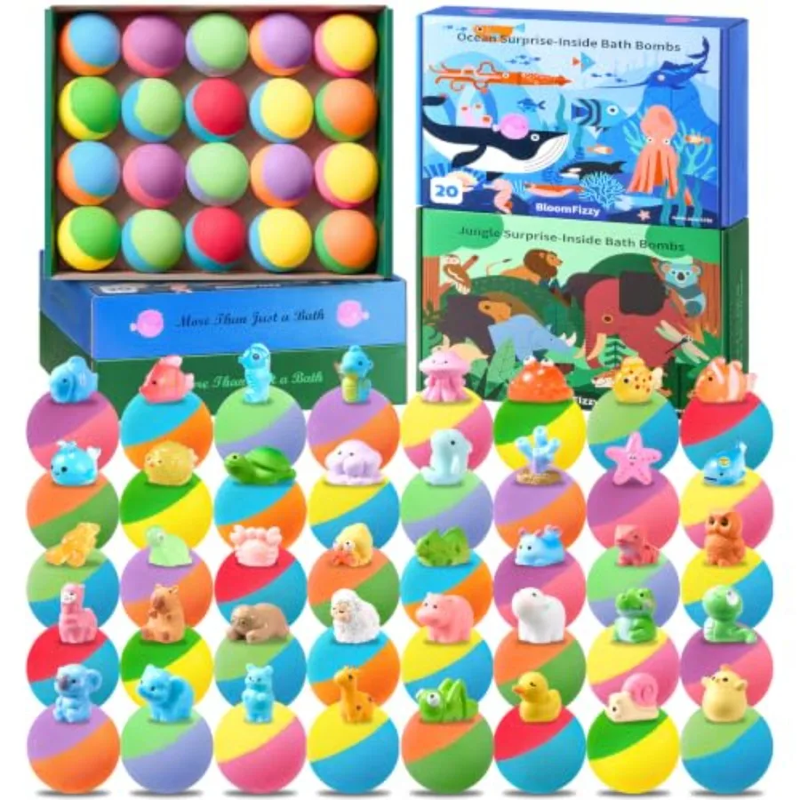 

40 Bath Bombs with Surprise Inside, Ocean and Jungle Animal Toys Gift Set with Natural Child-Safe Ingredients, Travel-Friendly