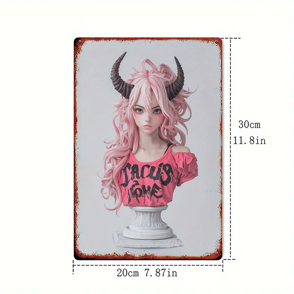 2D Flat, 2D Flat, 1pc, Metal Sign Featuring a Pink Demon Bust, a Sturdy Metal Plaque Ideal for Bars, Bedrooms, Restaurants, Kitc