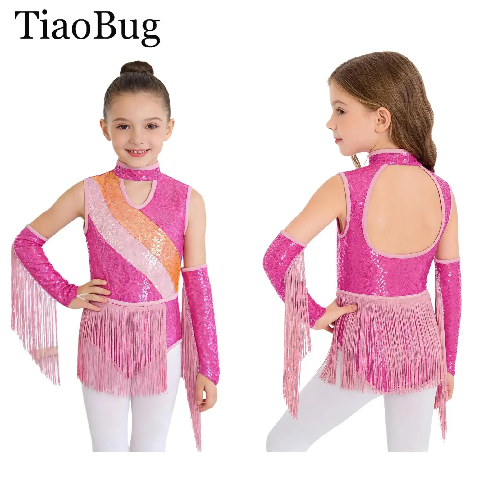 

Детское платье для латиноамериканских танцев с бахромой для девочек, без рукавов, с цветными блоками, пайетками, леотард с перчатками с бахромой, костюм для ча-ча, самбы, танго