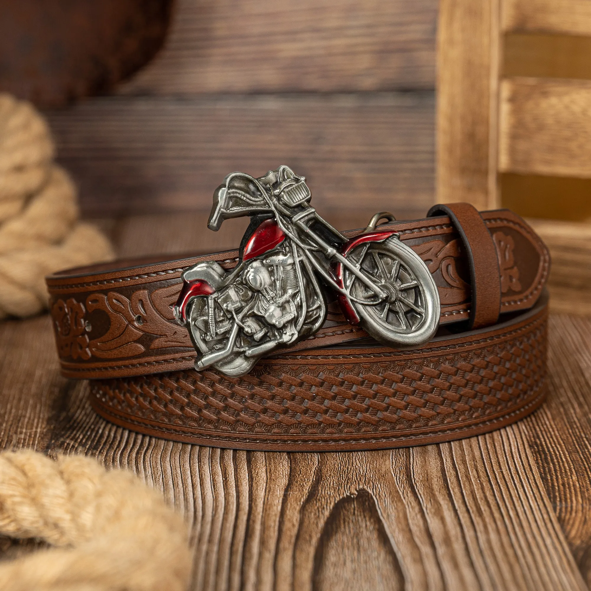 Transportation vehicles school bus motorcycle large buckle personalized trendy PU embossed button belt