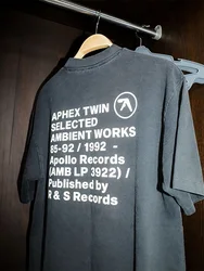 Men T-Shirt Aphex Twin Washed Black Print Cotton Graphic Oversized Korean Fashion Short Sleeve Tops Tees Y2k Streetwear Clothing