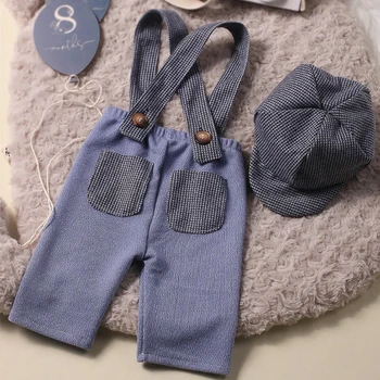 Ylsteed Little Gentleman Photography Outfits Newborn Boy Plaid Pocket Suspender Trousers with Casquette Infant Shooting Jumpsuit 3