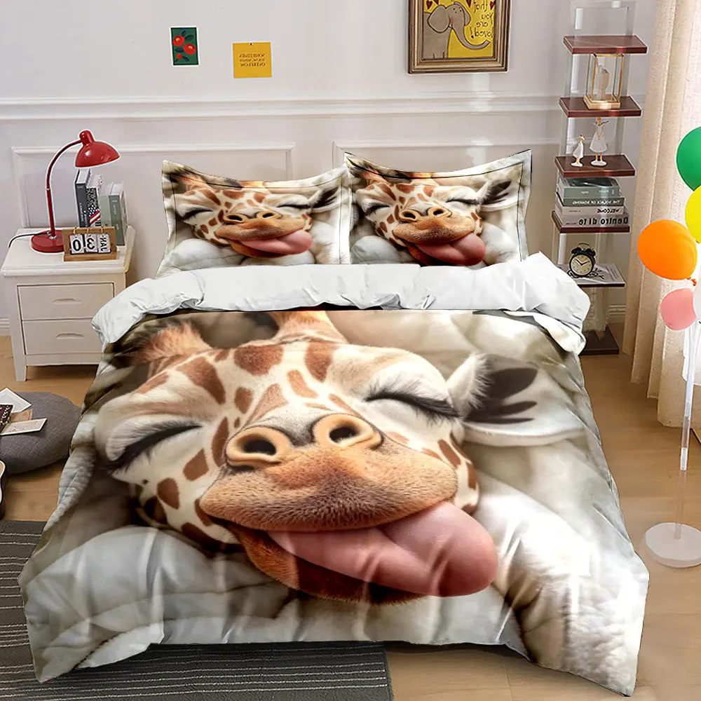 Cute Smiling Giraffe Bedding Set 3pcs, Funny Animal Tongue Print Duvet Cover, Ultra-Soft Cartoon Bed Linen for Kids & Adults