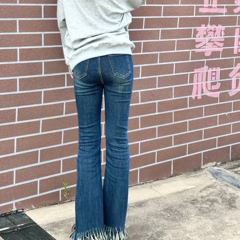 Sexy Blue Jeans for Women Vintage Y2k Tender Tassel Flare Trousers Youthful High Street Chic Washed Fashion Girls American Style