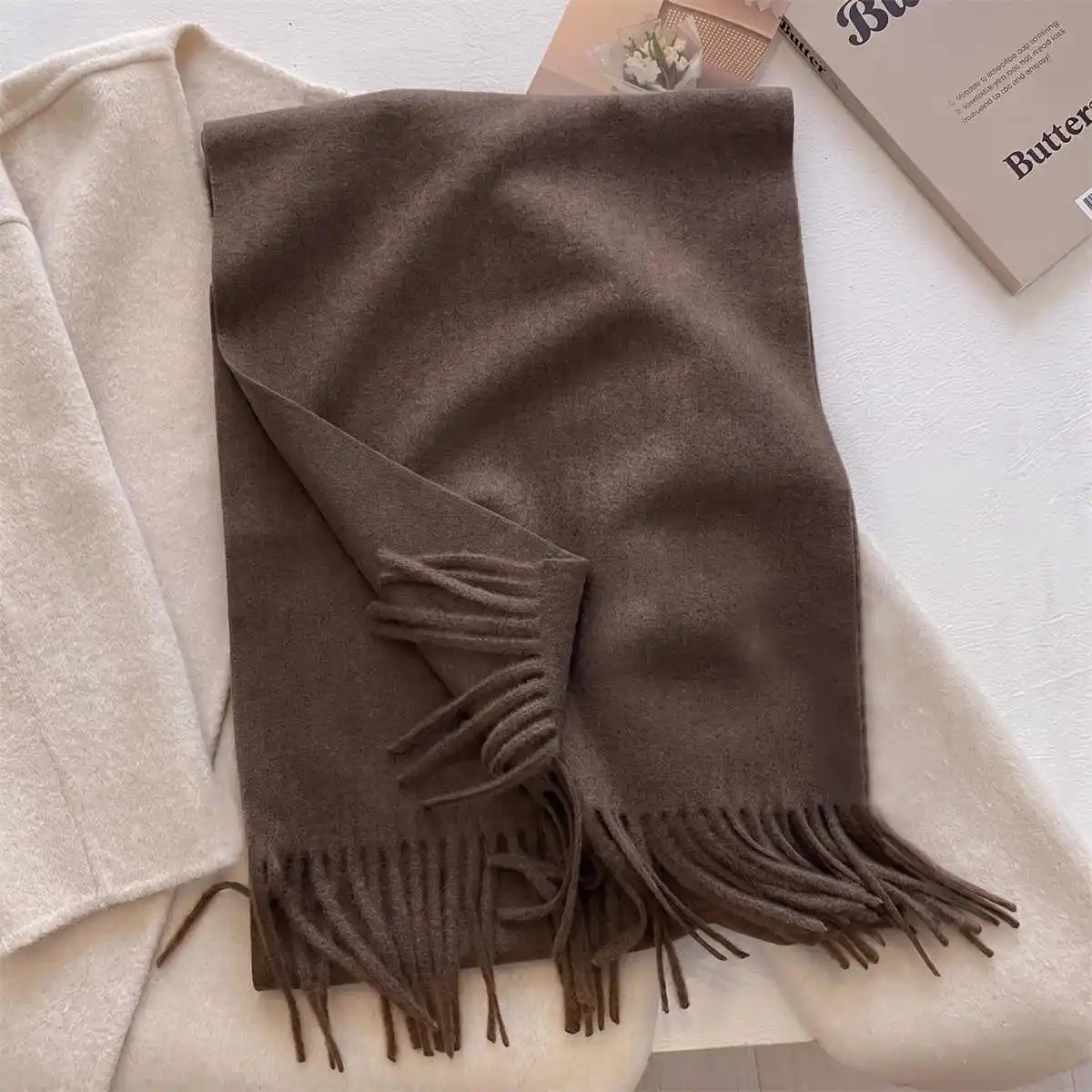 Casual Solid Color Imitation Cashmere Tassel Long Scarf Wrap Soft Warm Shawl Ladies Neck Accessory For Autumn Winter Daily