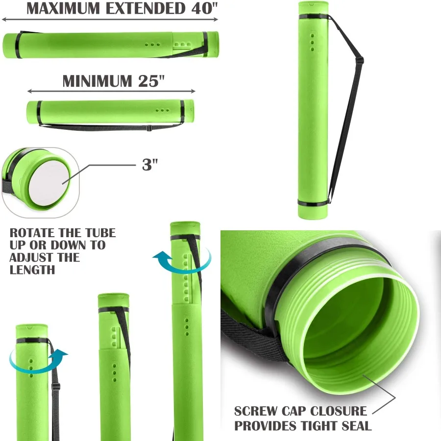 JJRING Tubo per poster verde da 25 a 40 Tubo porta poster allungabile con cinghia di trasporto per progetti, rotoli, mappe e arco