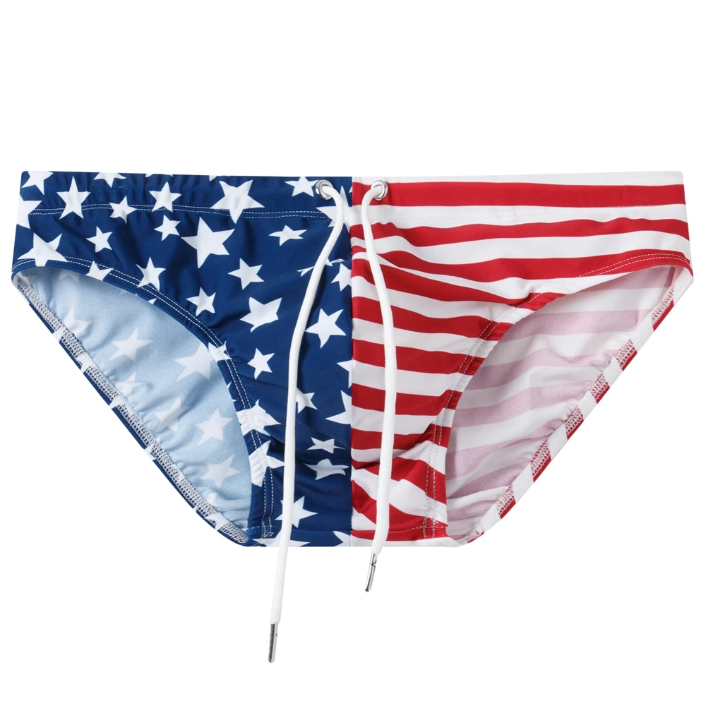 Sexy Man\'s Low Waist Swimming Tight Push-up Pad Swim Trunks Sport Briefs Swimwear Beach Short USA Flag Printing Summer US Size