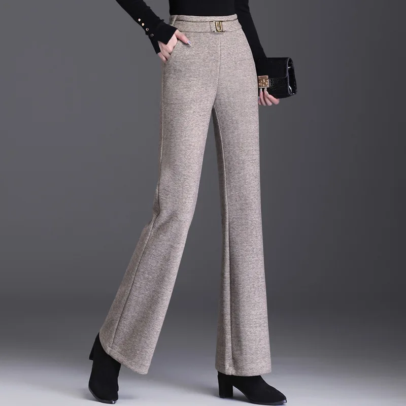 

2024 New Women's Winter Woolen Long Flared Pants Thicken Warm Elastic Band Waist Slimming Stretch Flare Trousers 6XL Plus Size