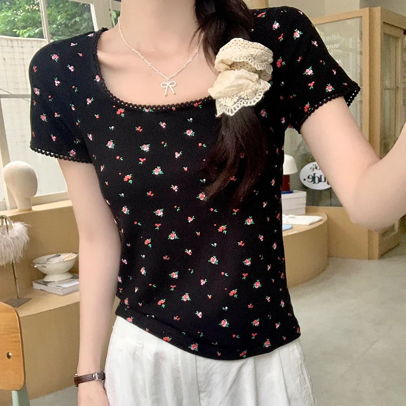

Pop Korean Style Retro Square Collar Floral Printed T-shirts Women Summer New Short Sleeve Slim T Shirt Ladies Fashion Short Top