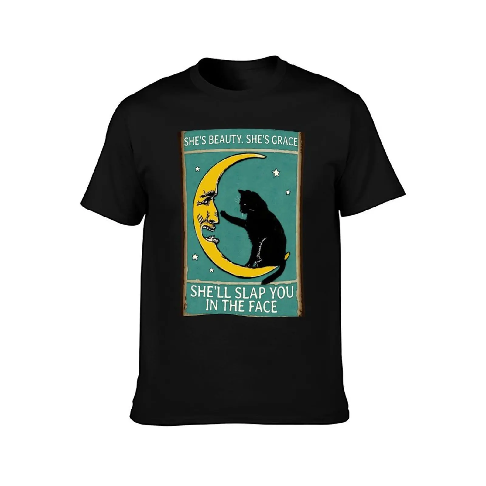 Black Cat Funny Moon She's Beauty She's Grace T-Shirt, Summer Casual Cotton Tee, Oversized Streetwear Tops, Unisex Men Women