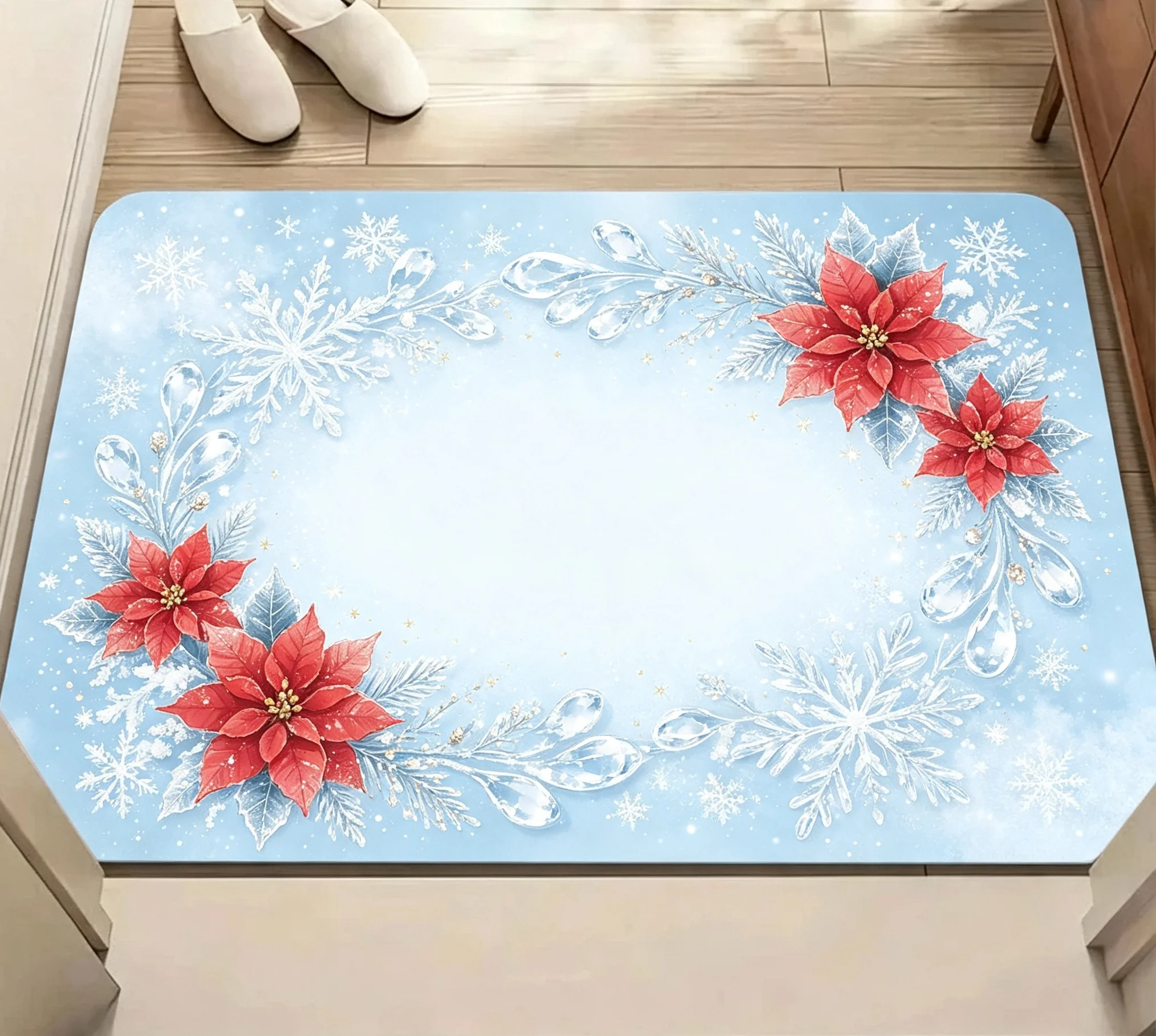 Center Wreath Bell Snowflake Border Classic Rug For Traditional Holiday Setting Elegant Scene Soft Touch Durable Floor Cover