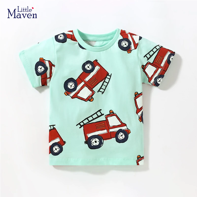 Little maven Todler Boys Clothing Summer Kids Tops Tees Shirts Cartoon Fire Truck Clothes Children\'s Clothing Cotton 2-7 Years