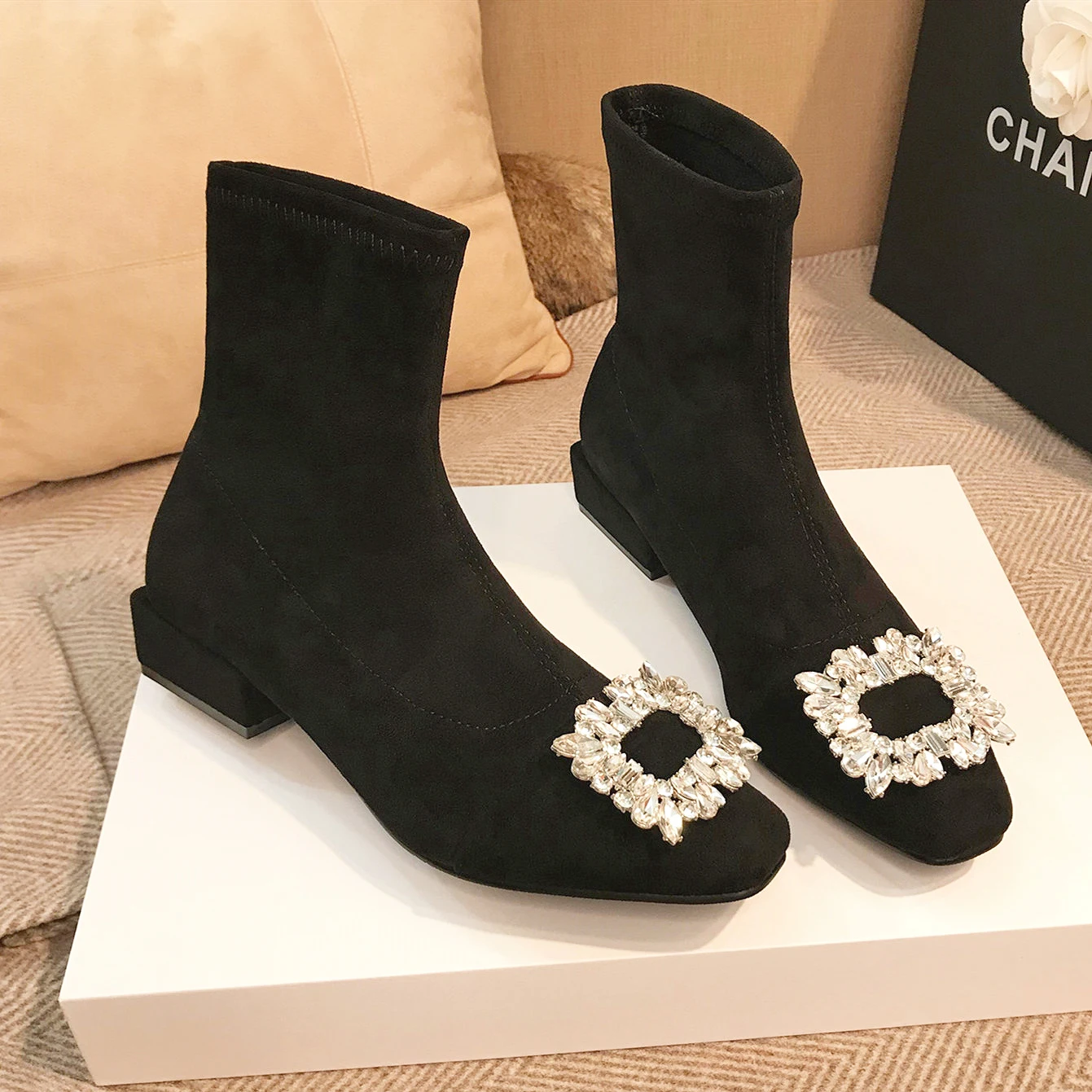 

Осенне-зимние женские ботинки на толстом квадратном каблуке с эластичным голенищем, синие, для молодых женщин