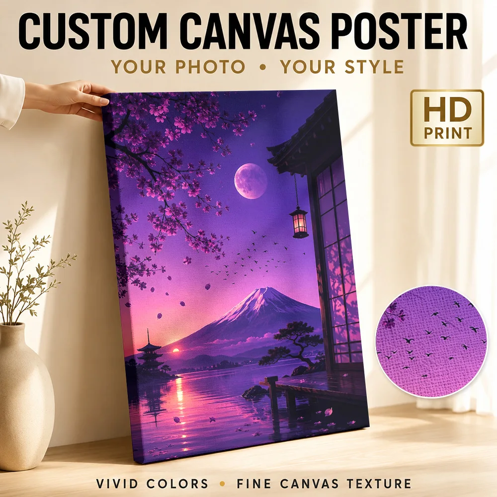Mount Fuji Cherry Blossom Sunset Gallery Wrapped Canvas Print Customized Photo Vivid Evening Scenic Wall Art For Living Room