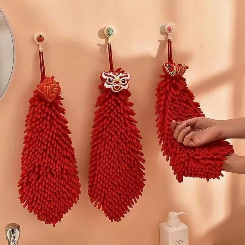

Hand Towel Hanging Wedding Red Festive Kitchen Bathroom Lion Dance Handkerchief Cute Chenille Hand Ball Towel