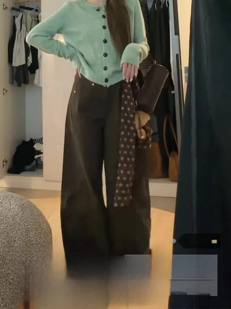 

Джинсы с высокой талией и широкими штанинами, женские осенне-зимние модные утягивающие брюки длиной до пола в стиле ретро, рабочая одежда