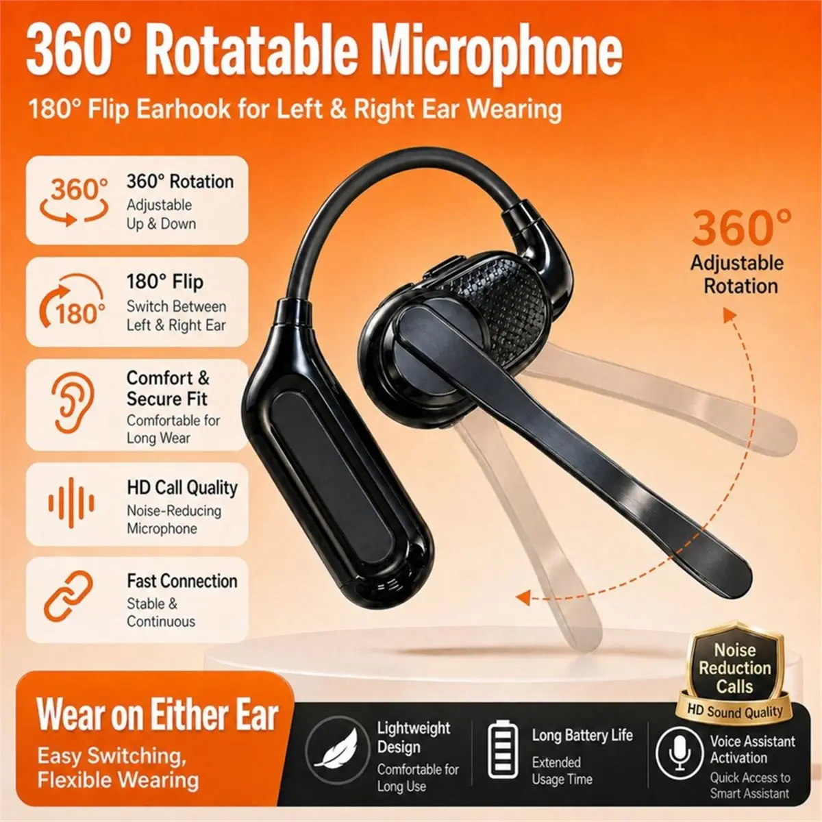 update. WIreless Bluetooth Headphone with Magnetic Attachment Long Ear Tips Detachable Left and Right Ears Business Headphones