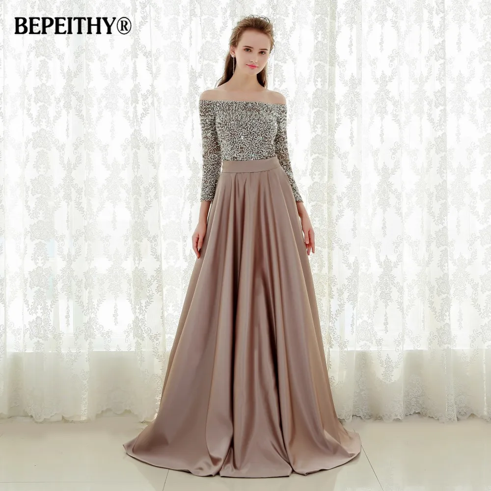 BEPEITHY Off The Shoulder sukienka na studniówkę rękawy trzy czwarte szata De Soirée cekiny koraliki formalna okazja sukienki Vestidos De