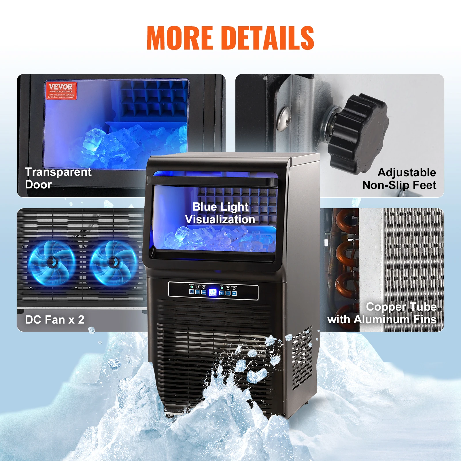 VEVOR Commercial Ice Maker 70lbs/24H Ice Maker Machinewith 12lbs Storage Capacity LED Digital Display for Bar Home Office