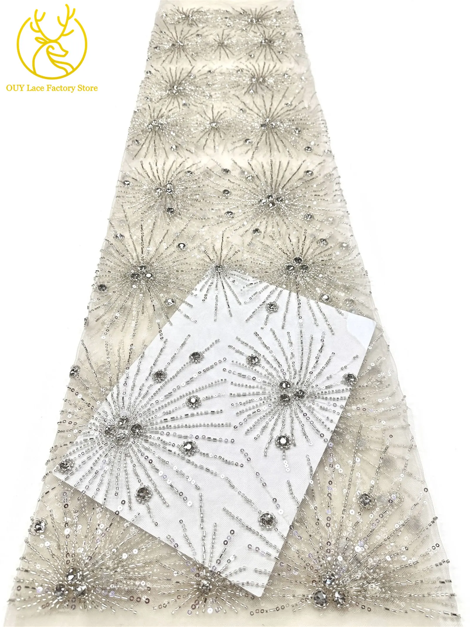Neues Design Französische Edelstein-Spitzenstoffe 5 Meter Nigerianische Perlen-Pailletten-Spitze Afrikanischer Spitzenstoff für Hochzeitskleider – Detail 14
