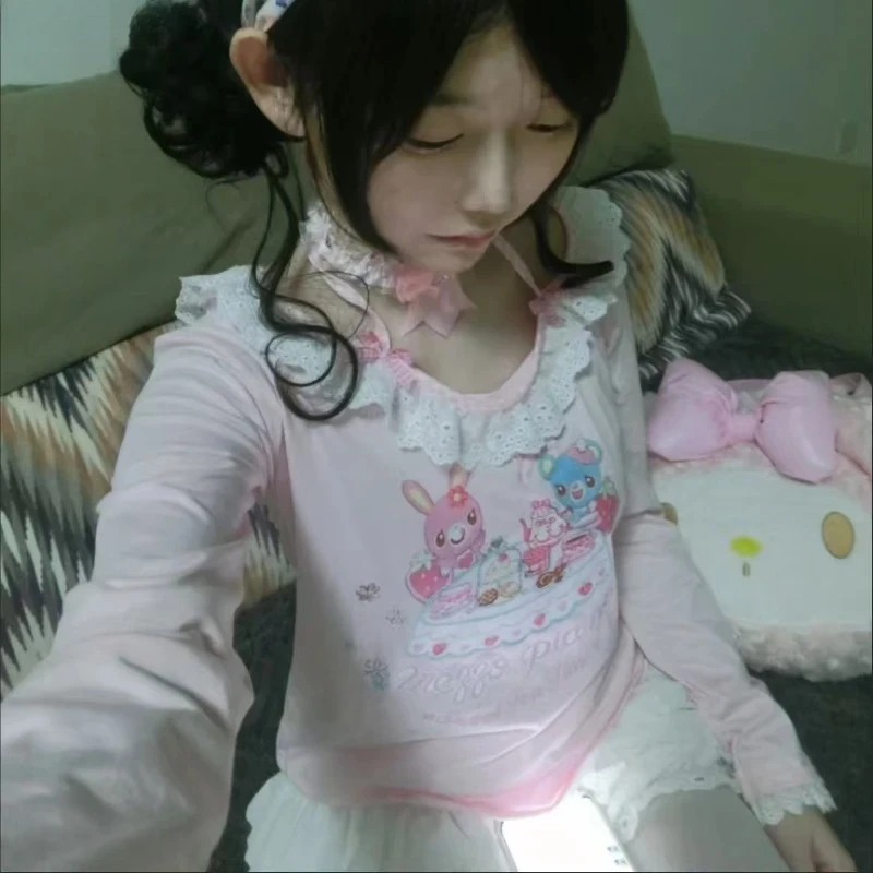 الصيف اليابانية الحلو Y2k Harajuku تي شيرت المرأة لطيف وهمية اثنين طويلة الأكمام تيز موضة أنيمي طباعة المحاصيل القمم تونك القمم جديد #4