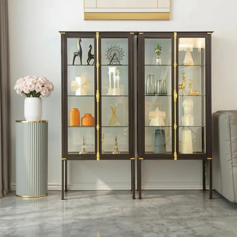 custom.Lockable Nordic LED Glass Display Cabinet Iron Frame Home Wine Rack Figurine Ornament Display Cabinet