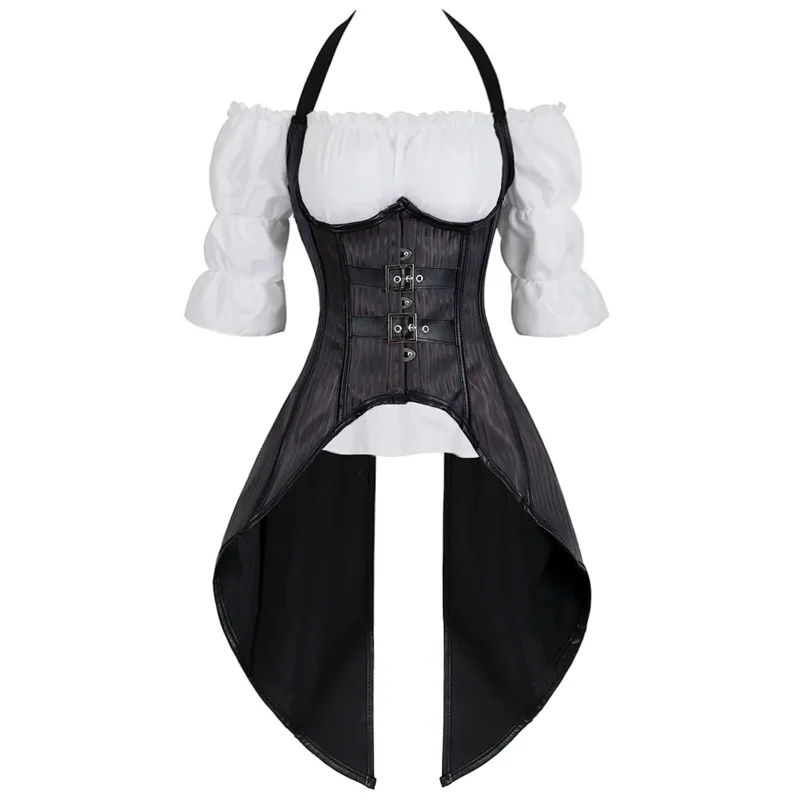 

Black SteamPunk Sexy Corset Bustier with White Long Straps Blouse Top Pirate Irregular Vest Corsets Plus Size Costumes 2-Pieces