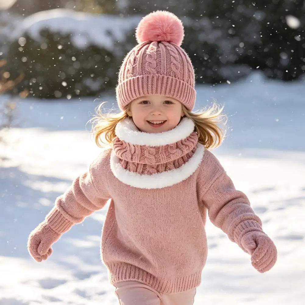 Elastic Knit Winter Hat Scarf Kids Winter Knit Set with Bear Ear Hat Fleece Lined Neck Gaiter Full Finger Gloves – for Boys