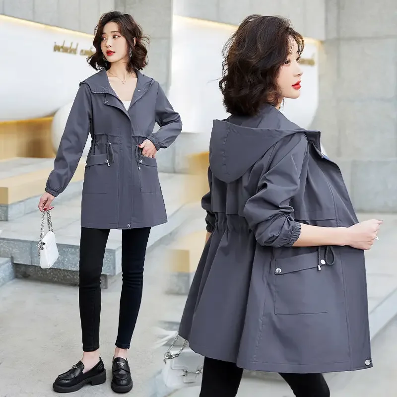 

Hooded Mid-length Trench Coats Fashion Drawstring Windproof Jackets Over Sized Women's Fashion Gabardina Spring Fall Slim
