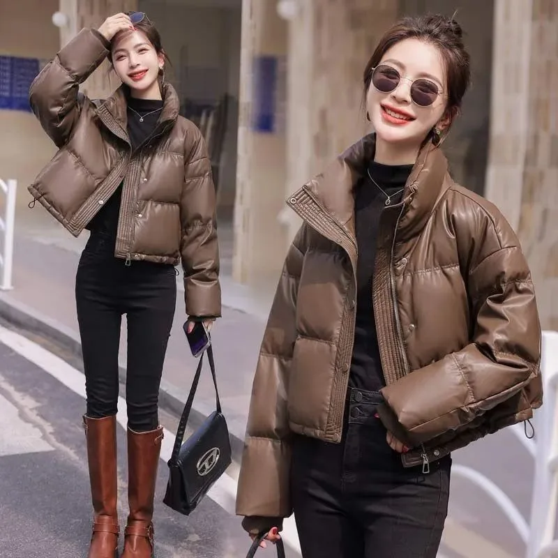 Effen Kleur Winddichte Cropped Puffer Jack Vrouwen Winter Dikke Korte Jas Warme Jas Pluizige Parka Vintage Tops Dameskleding