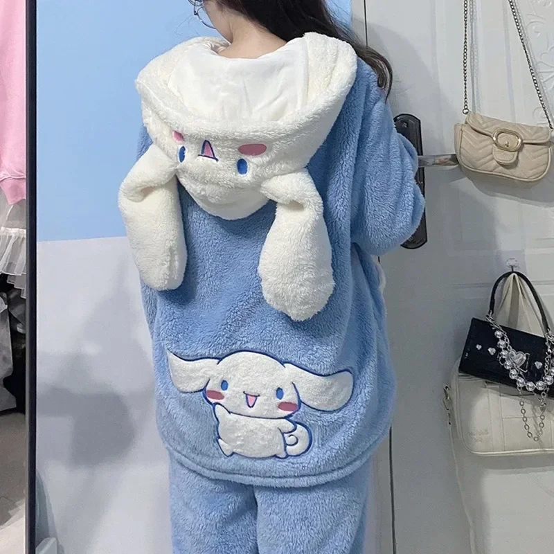 Sanrio Cinnamoroll Hooded 2 Pcs Pyjama Sets for Women Y2k Warm Soft Plush Thickened Winter Long Loose Pajamas Soft Homewear