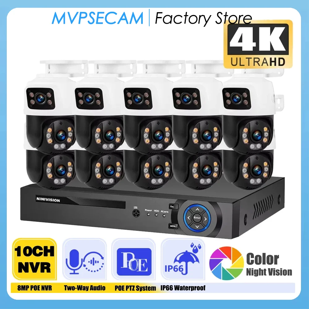 

Dual Lens 8MP POE PTZ IP Camera System Outdoor 4K PTZ Home Security Camera Sets Two-Way Audio 10CH 4K PoE NVR Kit ICsee/XMeye