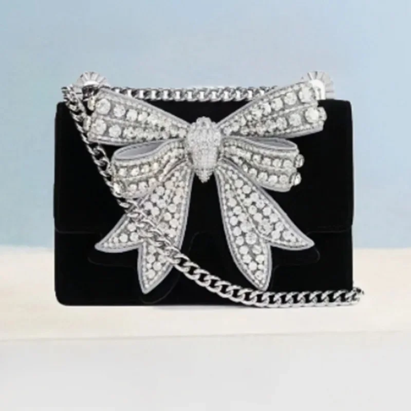 

Bow Set Diamond KG Tote Bag Banquet Bag Small Square Bag Fashionable Shiny Crossbody Bag Velvet Black Banquet Bag Chain Gift Bag