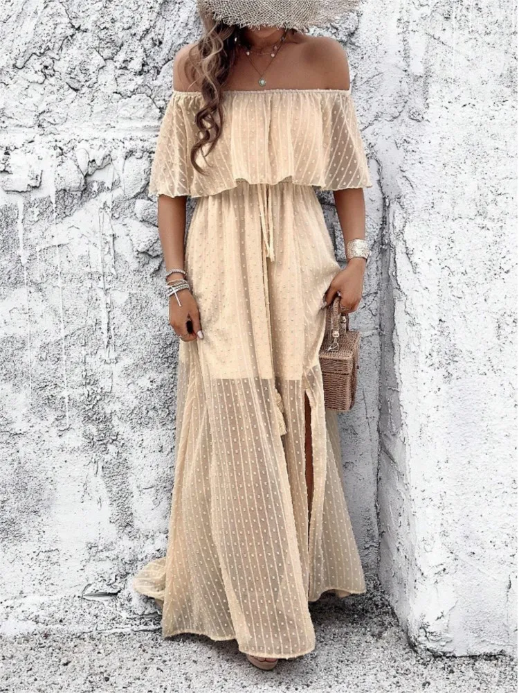 فستان بوهو للعطلات للنساء موضة بدون أكتاف وأكمام قصيرة ورقبة مائلة ورباط وخصر عالٍ فساتين فضفاضة رداء نسائي